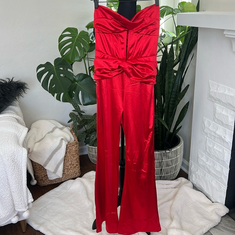 Charley red satin strapless cutout jumpsuit ruched waistband